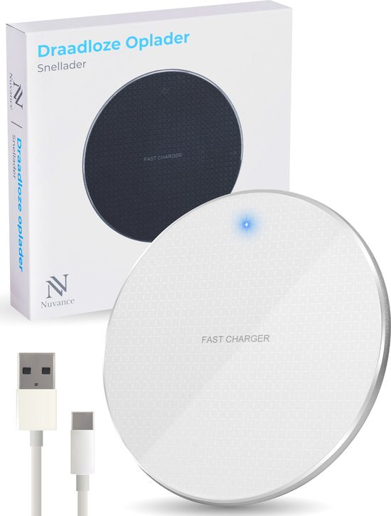 Nuvance - Chargeur sans fil 10W - Câble inclus - Chargeur sans fil - Chargeur rapide - Convient à tous les Smartphones Qi - Blanc et Argent
