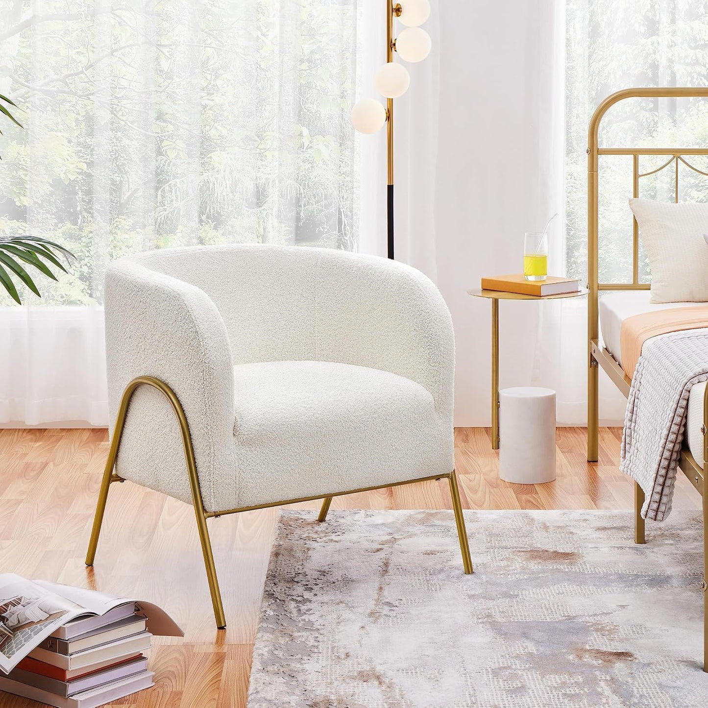 Yaheetech : fauteuil d'appoint de luxe de style « barrel », en bouclé - pieds en V dorés - ivoire - 69 x 69 x 72 cm