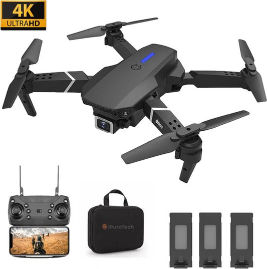 PuroTech Quad Drone 4K Camera - Sac de transport inclus - 3 batteries - 36 minutes de vol - Aucune licence de vol requise - Mini Drone - Adultes / Enfants - Intérieur et extérieur