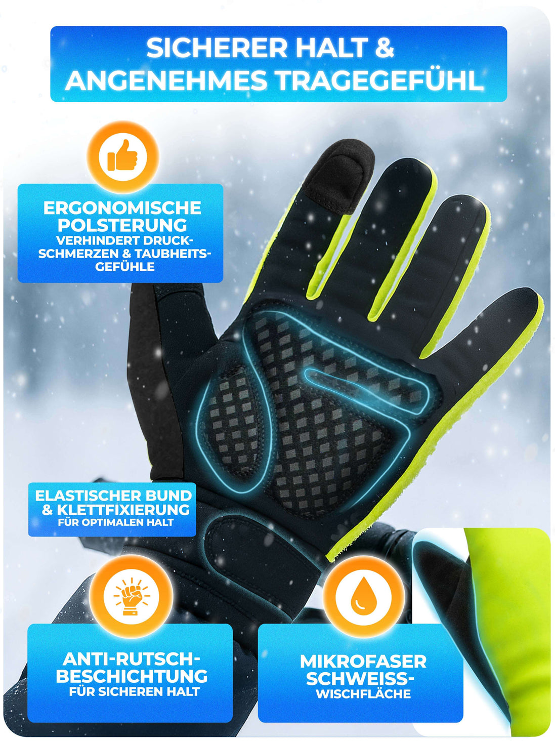 Gants d'hiver - Thermo Fleece & 3M Insulation - Coupe-vent & déperlant - Ecran tactile - Grip antidérapant - Jaune - Taille M
