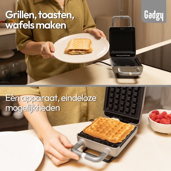 Gadgy Premium Gaufrier – Argent - Gril, appareil à croque-monsieur et gaufrier 3-en-1 - Plaques interchangeables - 600 W - Très puissant - Gaufre bruxelloise