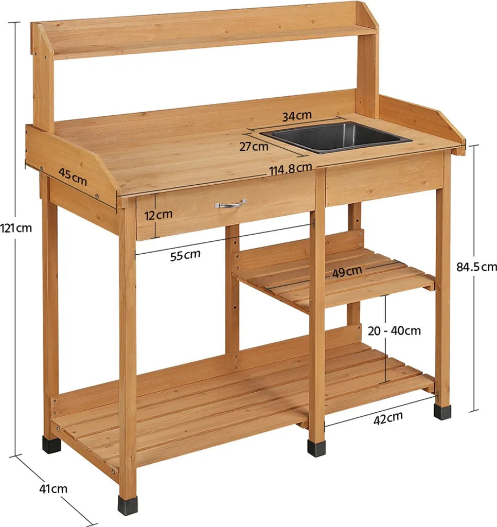 Yaheetech Table à plantes - avec évier - étagère réglable - table de travail pour le jardin - table de rempotage en bois - résistante aux intempéries