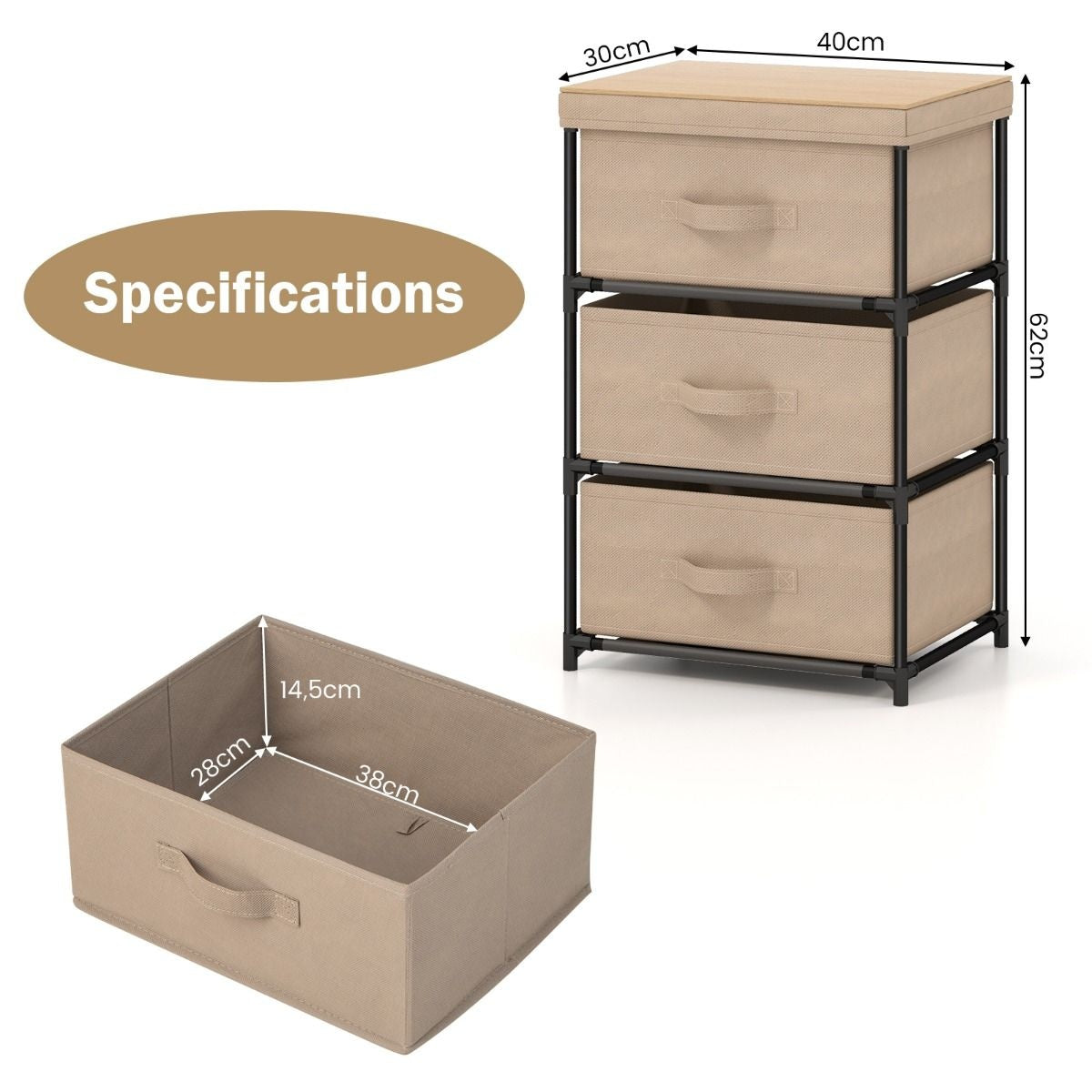 Coast Table de chevet - Avec 3 tiroirs en tissu rabattables - 40 x 30 x 62 cm - Coffee Brown