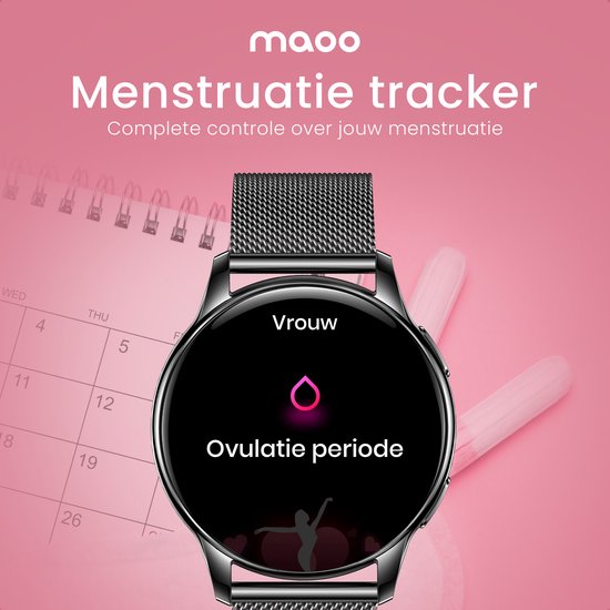 Maoo Ventura AMOLED Smartwatch Ladies - Acier inoxydable et bracelet en silicone 3x - Podomètre - Moniteur de fréquence cardiaque - Moniteur de sommeil - Multisport - Convient à Android et iOS - Noir