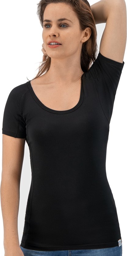 Anti Sweat Shirt - Fibershirts® - Coussinets d'aisselles cousus - Maillot de corps - Noir - Col rond - Femmes - Taille S