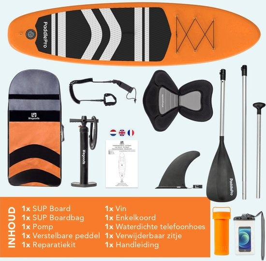 LifeGoods SUP Board - avec siège - Inflatable Paddle Board - Set complet - Max. 135KG - 320x81cm - Orange