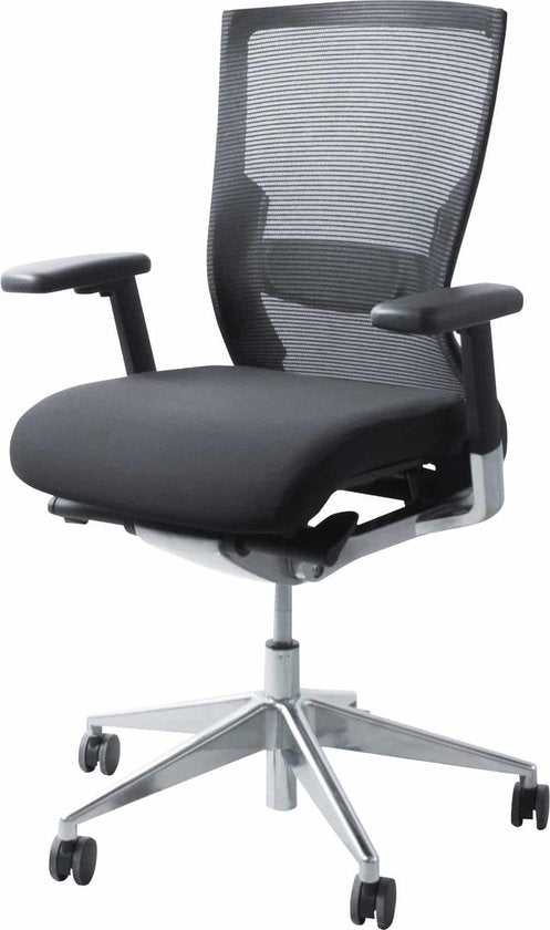 Chaise de bureau - 105, piètement chromé, assise et dossier en cuir noir/noir, accoudoirs.