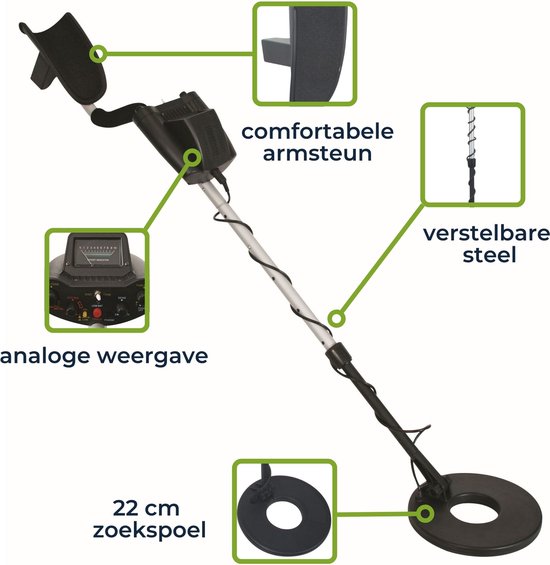 Velleman Détecteur de métaux pour adultes et enfants, bobine de recherche étanche 22 cm, compteur analogique, profondeur de recherche 20 cm, hauteur réglable, accoudoir, chasseur de trésor, détecteur d'argent et d'or
