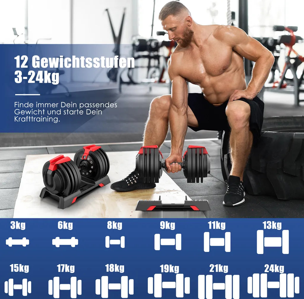 DH FitLife Ensemble d'haltères réglables 2x 24 kg - 3-24 kg par haltère - Noir - Fonte - Système 12 en 1