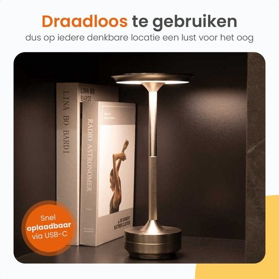 Goliving Lampe de table rechargeable - Sans fil et dimmable - Lampe tactile moderne - Lampe de nuit pour chambre à coucher - Anti-éclaboussures - 27 cm - Silver