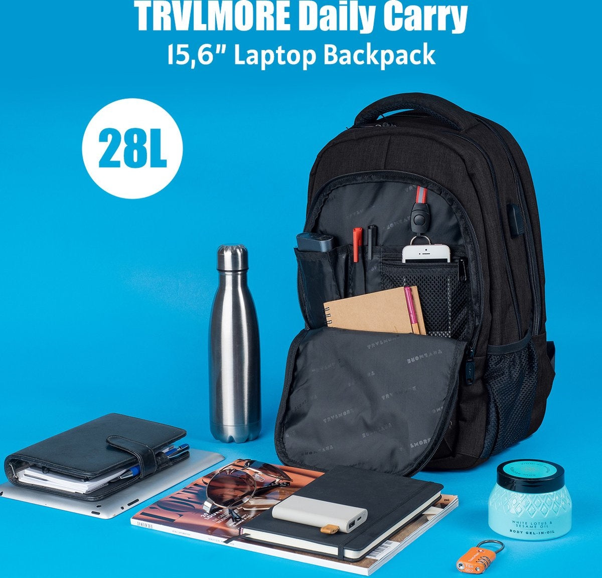 TRVLMORE Sac à dos - 28L - 15.6 inch - Sac à dos pour ordinateur portable - Sac d'école - Unisex - Splashproof Black