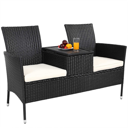 Banc de jardin Casaria Polyrattan - 2 places, table et coussins inclus - Noir