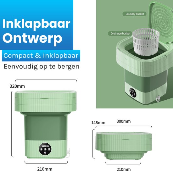 Mini laveuse ShopWise - pliable - économe en énergie - 8 pinces et corde à linge incluses - NOUVEAU modèle - Laveuse pour étudiant et camping - 10 litres - 3 étapes - moteur puissant - ensemble complet - vert