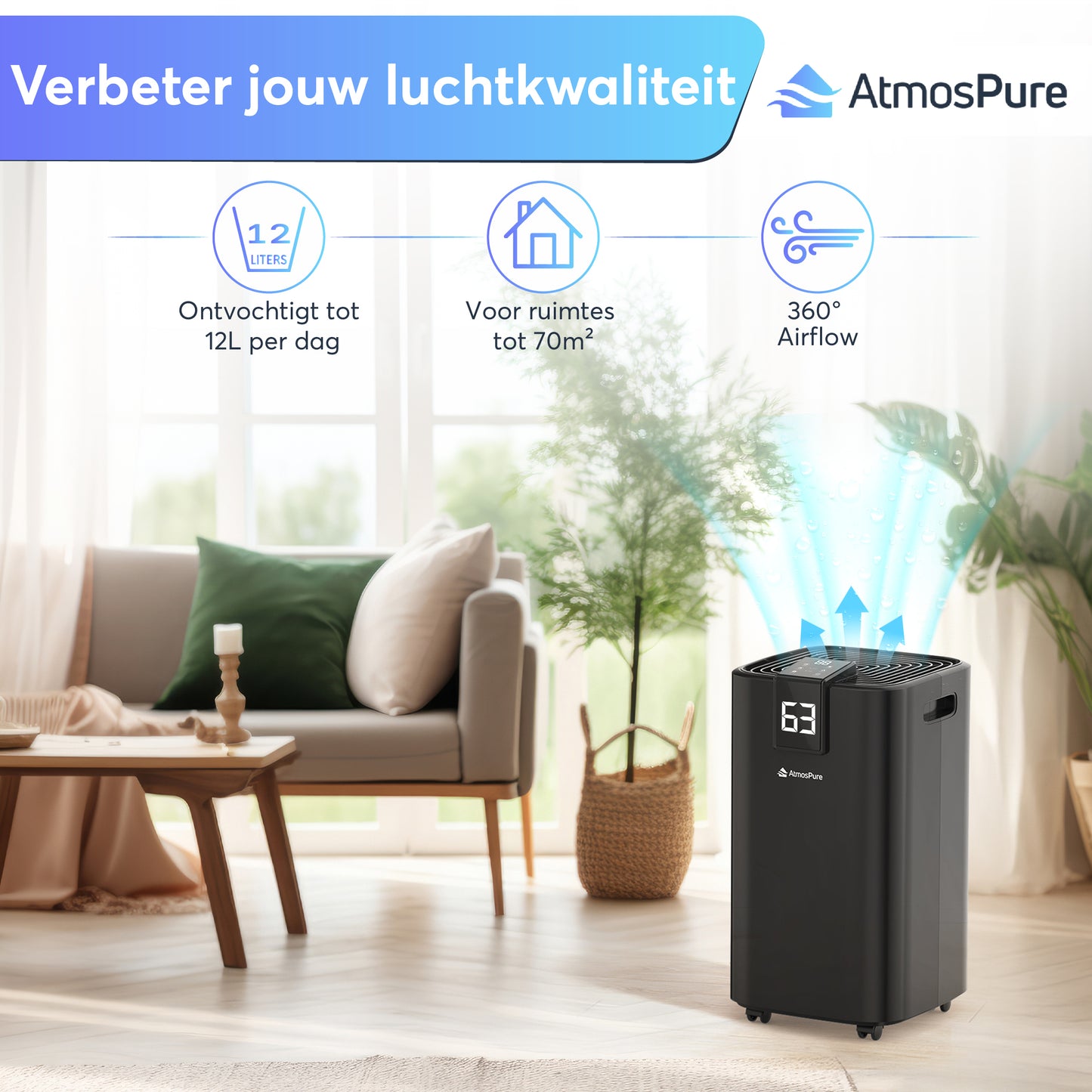 Déshumidificateur AtmosPure® AirDry Elite - 12L par jour - Fonction Lavage-Séchage - Purificateur d'air parfait pour la buanderie, la salle de bain, le salon et la cave - Noir - Déshumidificateur