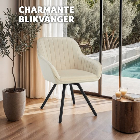 tectake - Chaise de salle à manger pivotante avec accoudoirs - Revêtement en velours - Rembourrée - Crème