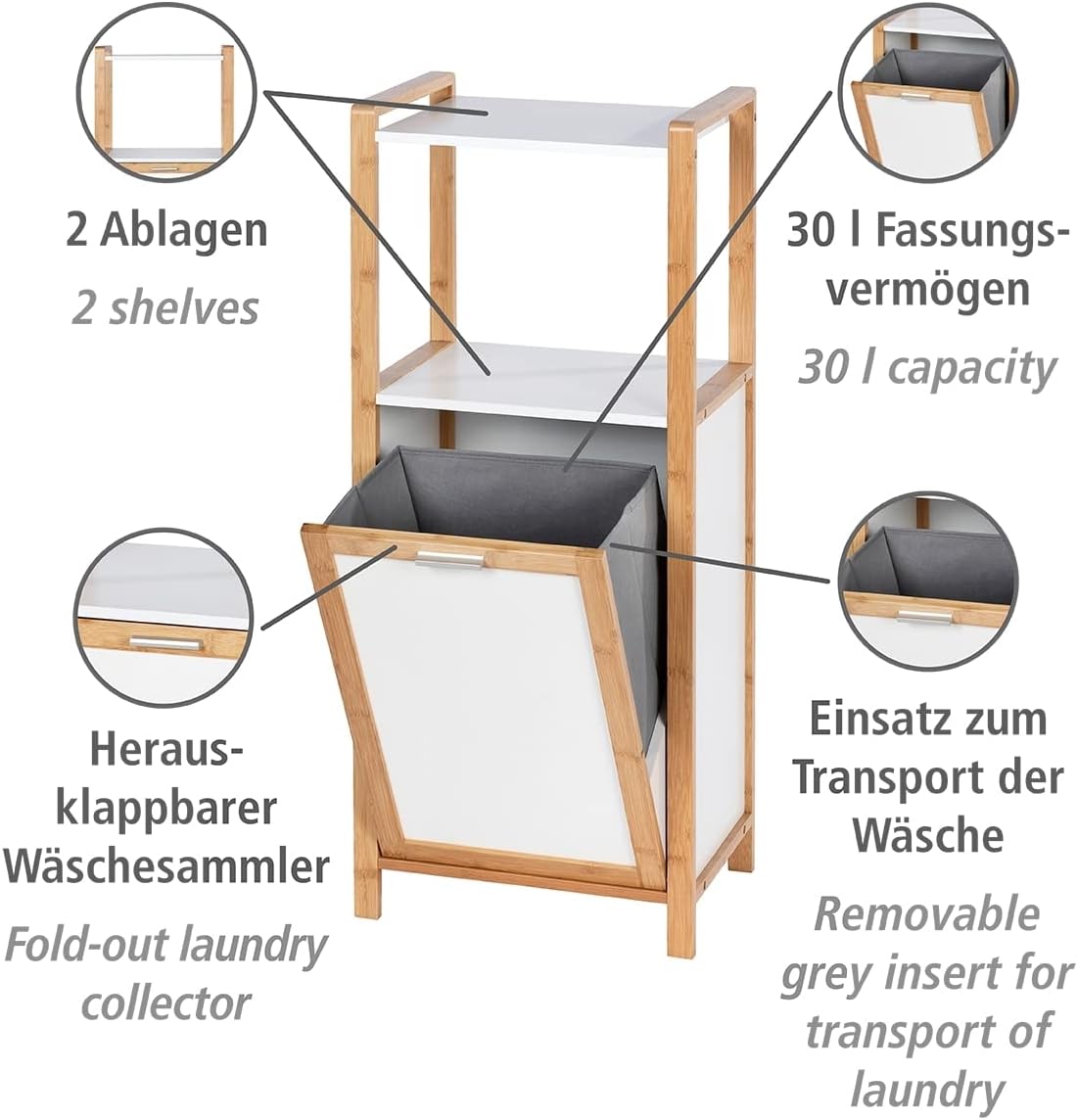 Panier à linge Wenko Finja avec étagère – Bambou/Blanc – 40 x 95 x 30 cm