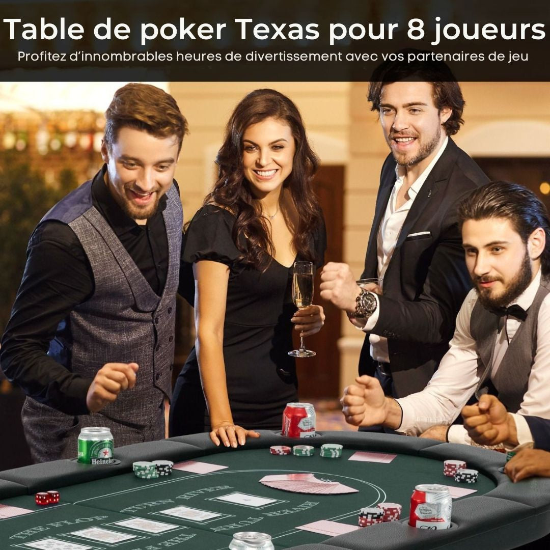 Table de poker pliable COAST- 182x82x75 cm - Pour 8 joueurs - Noir/Vert