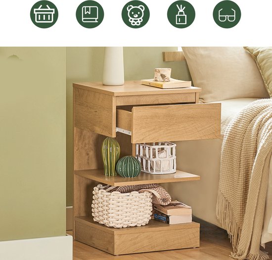 SoBuy Set of 2 Side Table, Nightstand with 1 Drawer and 3 Shelves, Multifunctional Coffee Table for Bedroom or Living Room, Scandinavian Design, Natural Wood Brown, 39x65x39cm, FBT49-Nx2