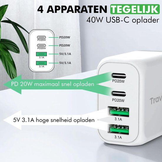 Travelhawk Chargeur USB-C - Convient à l'iPhone - Chargement rapide - PD 40W - Blanc