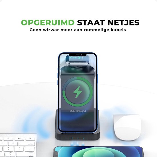 iSETCHI - Chargeur sans fil Qi et Magsafe 3-en-1 - 15 Watt - Plastique noir - Adaptateur QC 3.0 inclus - Pour iPhone, Apple Watch et Airpods - Lieu de travail organisé