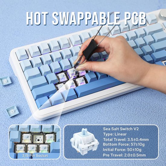 Ajazz AK820 MAX - 75% Wireless Gaming Keyboard - Mécanique - Touches latérales imprimées - Joint - Hot Swap - Tri mode - Clavier QWERTY - 82 touches - Gradient Blue