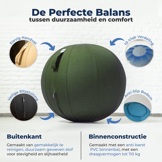 Backerz Boule d'assise 75 CM - Balle d'assise avec housse en lin - Chaise ergonomique pour le bureau et la maison - Balle de yoga de luxe - Vert olive