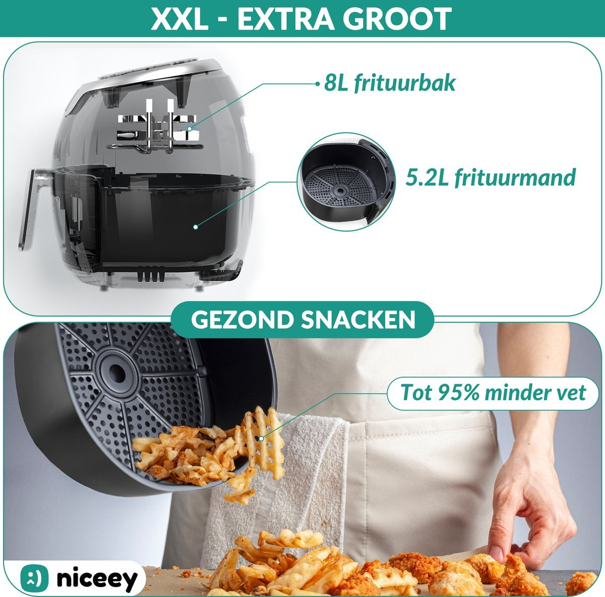 Niceey Airfryer XXL - Friteuse à air chaud - 8L - 1800W - Noir