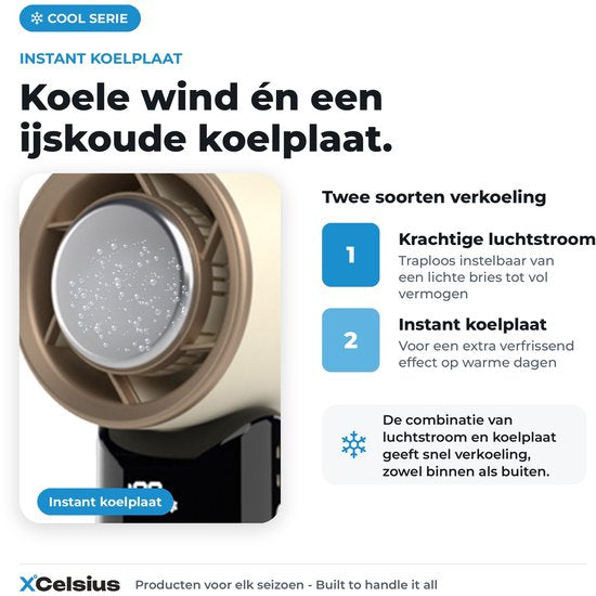 Ventilateur portable XCelsius® - Mini-ventilateur pliable - Rechargeable via USB-C - Réglage continu de 0 % à 100 % - Avec plaque de refroidissement instantanée - Beige/Crème