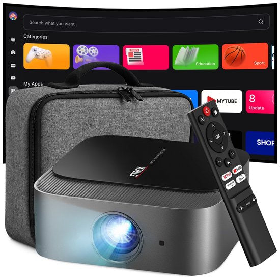 Strex Smart Beamer WiFi - Mini-projecteur avec applications (WhaleOS) - Projecteur Full HD 1080p - Compatible 4K - Bluetooth et haut-parleurs intégrés - Sac de rangement et écran de projection inclus