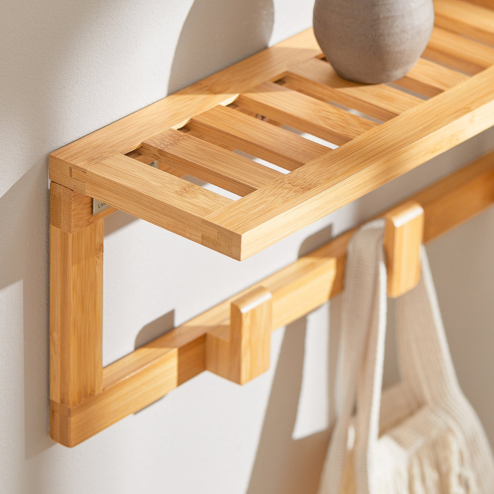 SoBuy FHK06-N Porte-manteau avec étagère murale - 6 crochets - 90x12,5x16,5 cm - Bambou