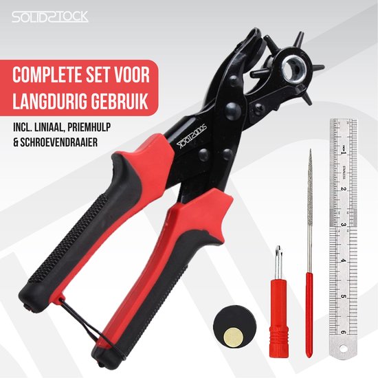 SolidStock Pince à trous pour ceinture - avec bâton de mesure - Pince à perforer - Pince revolver - Pince à trous - Rouge