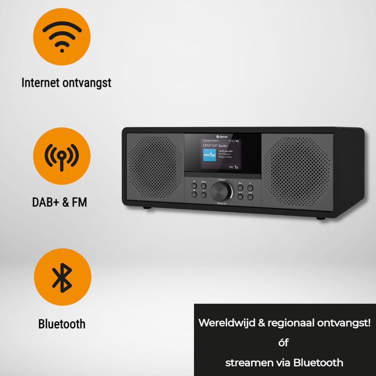 Denver - Radio Internet et DAB+ - MIR-270 - Ecran couleur 2,4 pouces - 200W Bluetooth & lecteur CD - USB & AUX - Plastique & Métal - Noir
