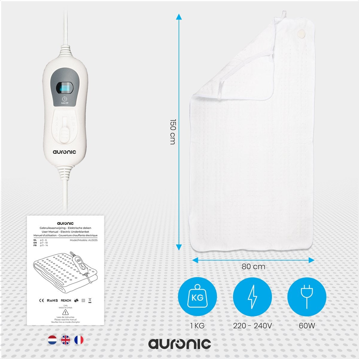 Couverture chauffante électrique - Auronic - 1 personne - 150x80cm - Blanc