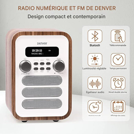 Radio rétro - Denver DAB+/ FM Radio - Bluetooth - Ecran LCD - Blanc