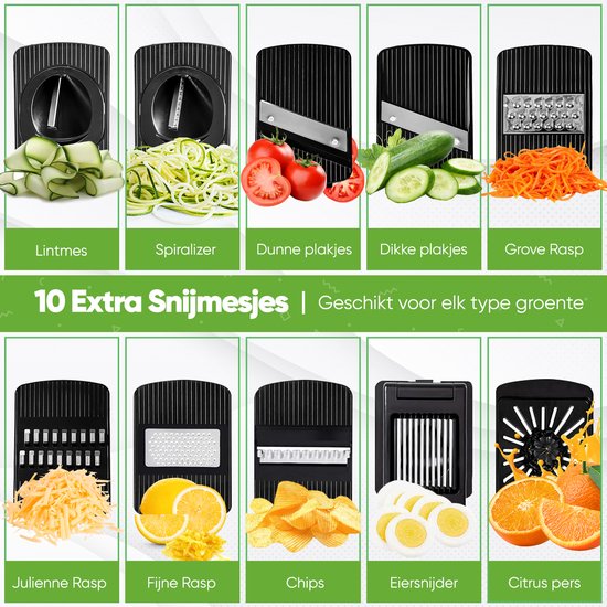 Stosh Mandoline - Coupe-légumes - Coupe-oignons - Coupe-spirale - Râpe - Plastique - 11 pièces - Sans BPA