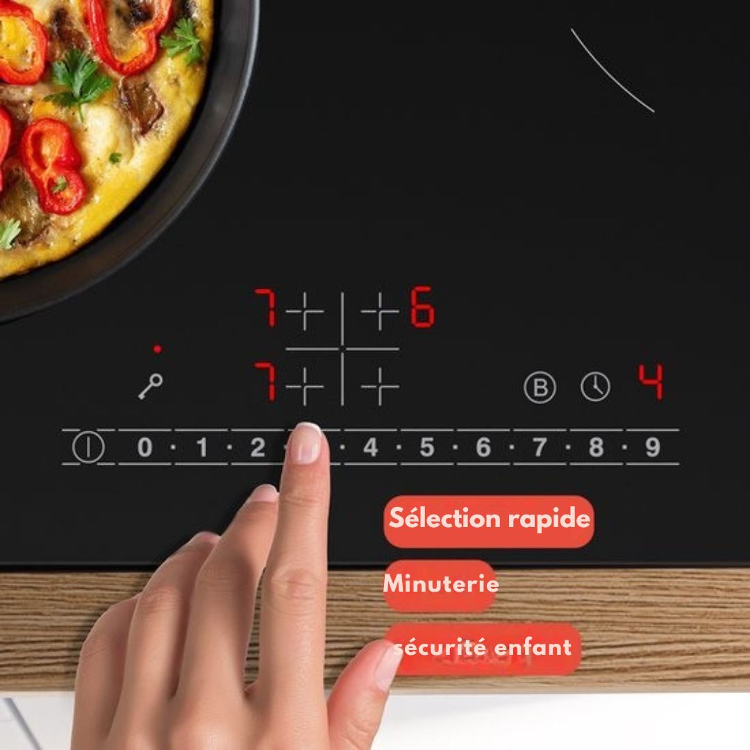 Table de cuisson à induction KitchenBrothers - encastrable - 60 cm - 4 zones - 1 et 2 phases - Jusqu'à 2400W - Noir