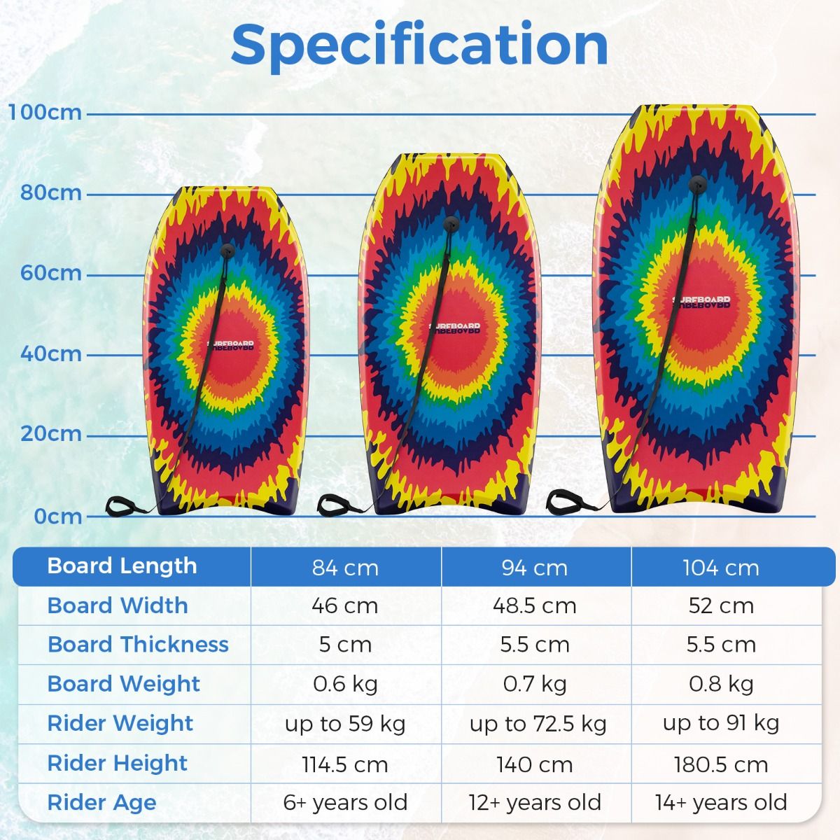 Bodyboard Coast - léger - dos en forme de demi-lune - avec dragonne - 104 cm
