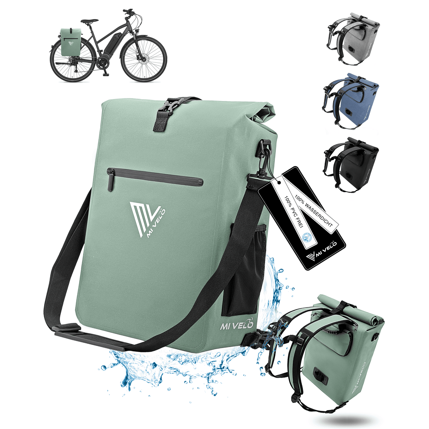 Pannier MIVELO 3-en-1- Imperméable - Avec Bandoulière - 25L - Vert menthe