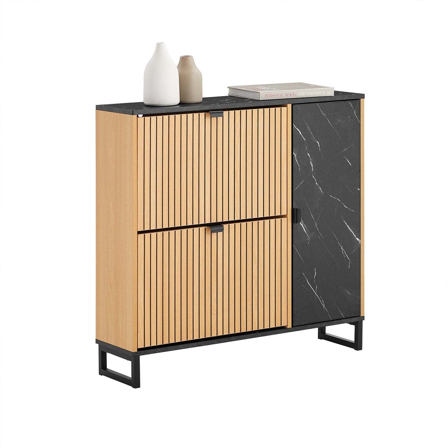 SoBuy FSR203-N Meuble à chaussures pour entrée étroite, 2 abattants et porte latérale, design scandinave, compact, noir et bois clair, 90 x 24 x 88 cm