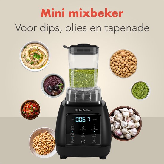 KitchenBrothers 2-in-1 Power Blender - 1600W - 2L - Ensemble complet avec hachoir et gobelet - Smoothie Maker - Ice Crusher - Noir