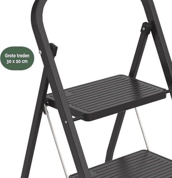 BRASQ Escabeau ménager 2 marches noir - échelle de cuisine pliable en métal pour usage privé et professionnel - Escabeau - Antidérapant