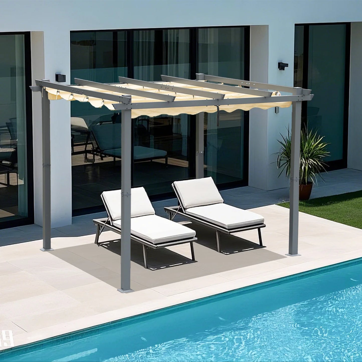 Pergola Angel Living en aluminium 3 × 4 m, beige – Toit en polyester réglable, tubes de toit en acier, revêtement par poudrage
