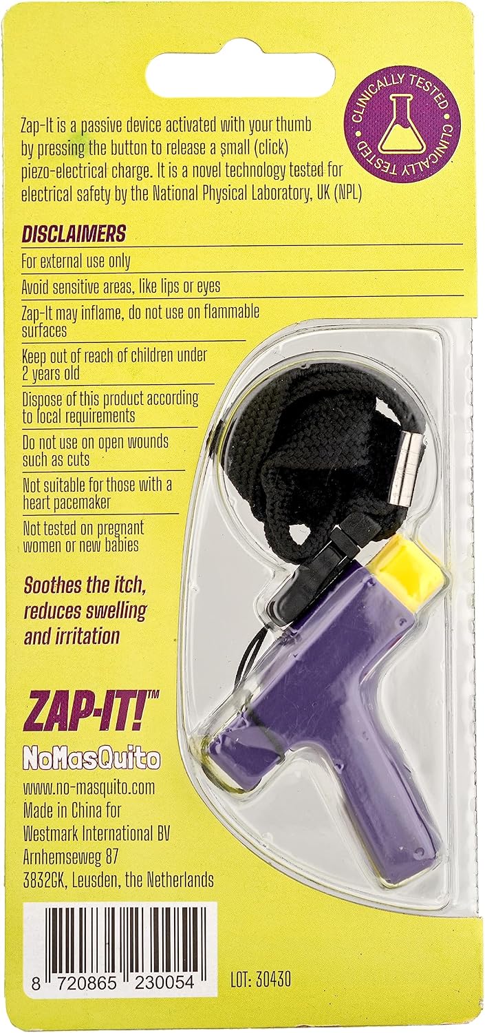 NoMasQuito Zap-It ! Appareil anti-piqûres de moustiques - Piézoélectrique - Sans piles - Violet/Jaune - 17 x 8 x 2,3 cm