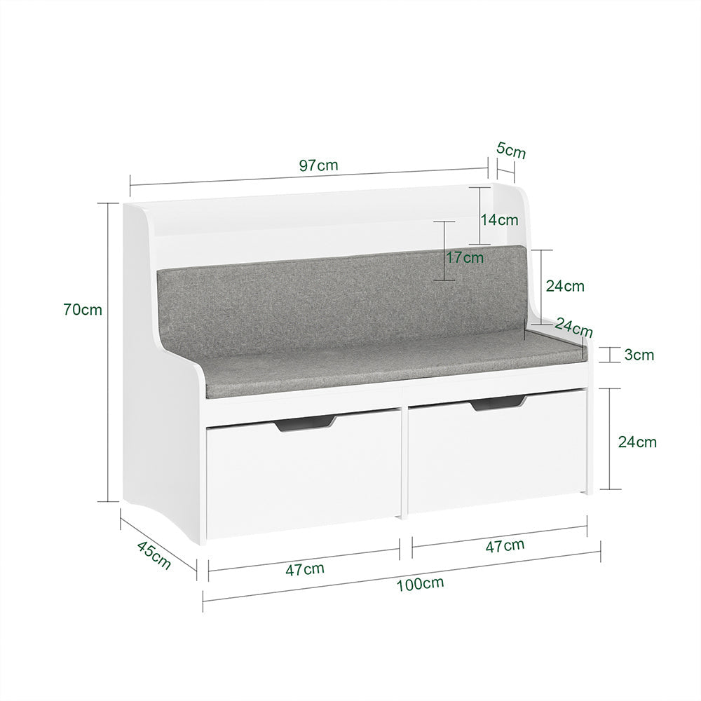 SoBuy Banc de rangement pour enfants avec bibliothèque - 2 Tiroirs - Max. 120 kg - 100 x 45 x 70 cm - Blanc / Gris