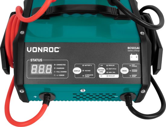 VONROC Chargeur de batterie avec démarreur - Max. 15A - Pour batteries plomb-acide 6V ou 12V