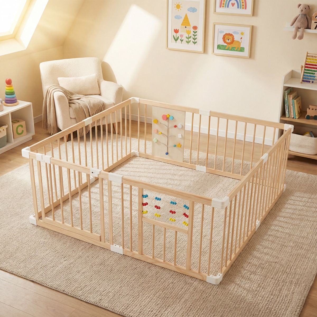 Coast - Parc de jeu en bois pour tout-petits - Double porte verrouillable - Barrière d'activité réglable - Couleur naturelle