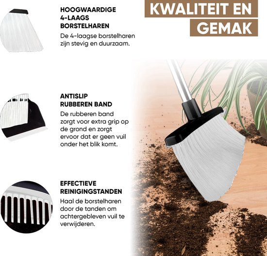 TTD® Pelle et brosse avec long manche XXL - réglable 54-263 cm - Balai - manche de balai - gris et noir - Pelle et brosse - Pelle pour l'intérieur et l'extérieur - Dents de nettoyage intégrées