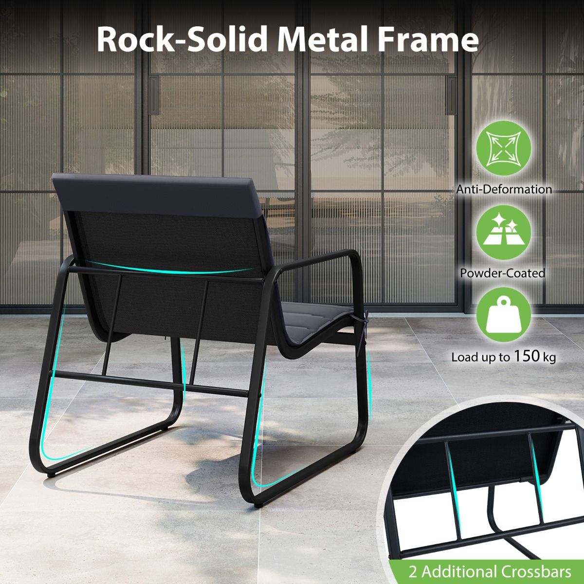 Ensemble de jardin Coast 3 pièces - chaises d'extérieur avec coussins amovibles - table d'appoint en verre trempé - gris et noir