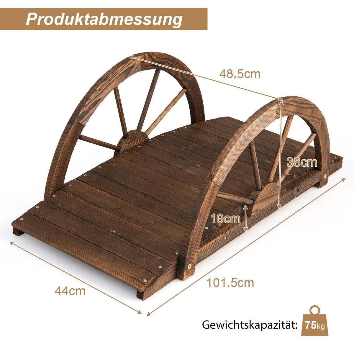 Coast Garden Bridge en bois pont d'étang avec double balustrade à demi-roue 101 x 48,5 x 38 cm