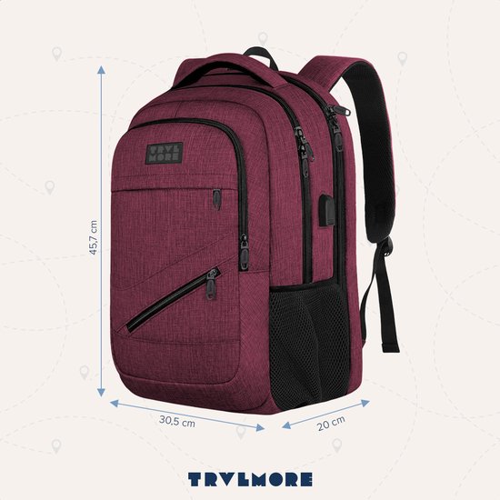 TRVLMORE Sac à dos à vie - Sac à dos avec compartiment pour ordinateur portable de 15,6 pouces - Cartable - Résistant aux éclaboussures - Hommes et femmes - Garçons et filles - 28L - Bourgogne